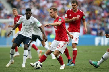 MOSCOW, Rusya 26 Haziran 2018: Rusya Beşinci Dünya Kupası, C Grubu, Luzhniki Stadyumu MOSCOW 'da oynanan DENMARK V FRANCE futbol karşılaşması sırasında oyuncu CHRISTIAN ERIKSEN.