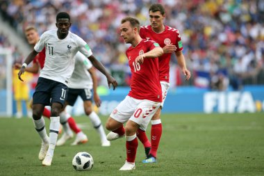 MOSCOW, Rusya 26 Haziran 2018: Rusya Beşinci Dünya Kupası, C Grubu, Luzhniki Stadyumu MOSCOW 'da oynanan DENMARK V FRANCE futbol karşılaşması sırasında oyuncu CHRISTIAN ERIKSEN.