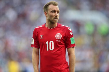 MOSCOW, Rusya 26 Haziran 2018: Rusya Beşinci Dünya Kupası, C Grubu, Luzhniki Stadyumu MOSCOW 'da oynanan DENMARK V FRANCE futbol karşılaşması sırasında oyuncu CHRISTIAN ERIKSEN.