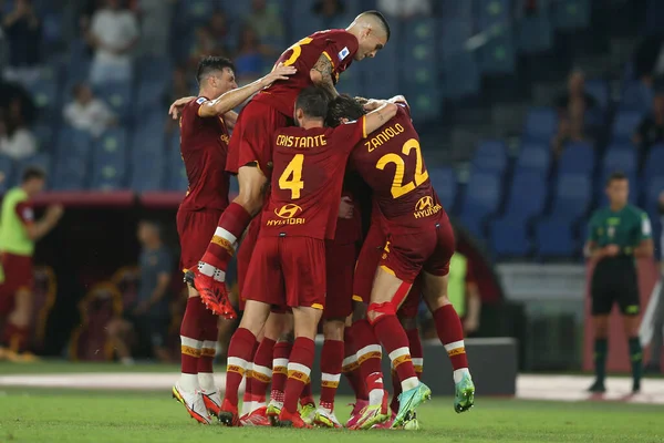 Roma Italia 2021 Como Roma Celebra Meta Durante Partido Fútbol — Foto de Stock