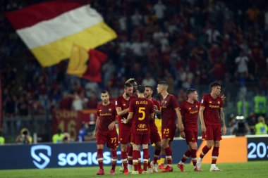 ROME, İtalya - 22.08.2021: JORDAN VERETOut (AS ROMA) İtalyan Serisi 'nde gol attı. 22 Ağustos 2021' de Roma Olimpiyat Stadyumu 'nda AS ROMA - S FIORENTINA arasında oynanan futbol karşılaşması