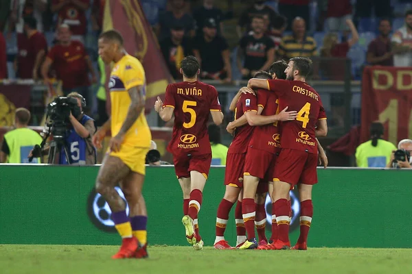 Roma Italia 2021 Obiettivo Giordania Veretout Roma Celebra Durante Partita — Foto Stock