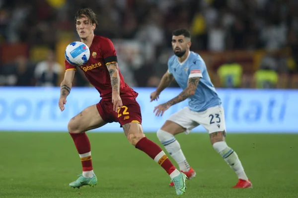 Roma Italia 2021 Nicolo Zaniolo Roma Elseid Hysaj Lazio Acción — Foto de Stock