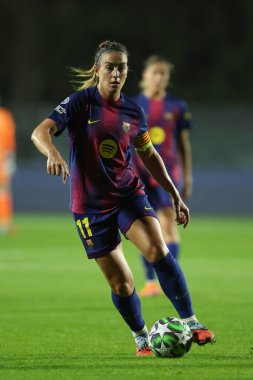 Rme, İtalya 15 Ekim 2025: Barcell 'li Alexia Putellas, Roma' daki Tre Fontane Stadyumu 'nda AS Roma FC Barcellona' ya karşı FC Barcellona arasındaki 2025 / 26 UEFA Kadınlar Şampiyonlar Ligi - Matchday 2 - sırasında çatışmada görüldü.