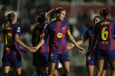 Rme, İtalya 15 Ekim 2025: Barcellona 'dan Graham Hansen, 2025 / 26 UEFA Kadınlar Şampiyonlar Ligi - Matchday 2 - Roma' daki Tre Fontane Stadyumu 'nda AS Roma FC Barcellona - FC Barcellona maçında golü attı ve Irene Paredes ile kutladı.