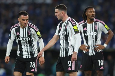 Roma, İtalya 26 Ekim 2025: Filip Costi, Juventus F.C. 'den Dusan Vlahoviç Juventus F.C. 'den Khephren Thuram. Serie A Enilive 2025-2026 futbol maçının 8. gününde SS Lazio ve Juventus FC Torino arasında Olimpiyat Stadyumu 'nda görüldü.