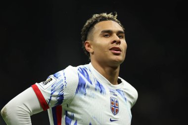 Milan, İtalya 16 Kasım 2025: Norveçli Antonio Nusa 1-1 'lik skorla gol attı ve İtalya ile Norveç arasındaki maçta takımla birlikte 2026 FIFA Dünya Kupası elemeleri için geçerli olan Birinci Grup Giuseppe' de oynanacak.