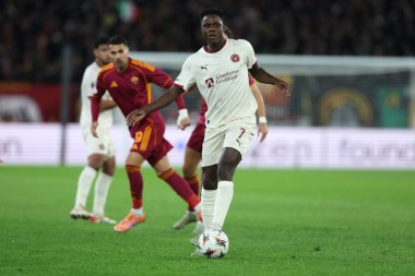 Roma, İtalya - 27 Kasım 2025: Midtjylland 'dan Dju Franculino Uefa Avrupa Ligi 2025 / 2026, futbol maçı - 5. gün - Roma' daki OLYMPIC STADIUM 'da Roman vs Midtjylland.