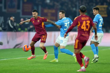 Rome, Italy - November 30, 2025:  Lorenzo Pellegrini of Roma, Sam Beukema of Napoli seen in action during the Serie A Enilive 2025-2026 football match between AS Roma and SSC Napoli at Olympic Stadium