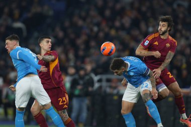 Rome, Italy - November 30, 2025: Giovanni Di Lorenzo of Napoli,Mario Hermoso of Roma, Gianluca Mancini of Roma seen in action during the Serie A Enilive 2025-2026 football match between AS Roma and SSC Napoli at Olympic Stadium