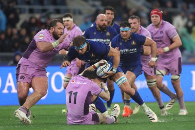 Roma, İtalya - 7 Şubat 2026: İskoçya 'dan Pierre Schoeman, İtalya' dan Lorenzo Cannone, İskoçya 'dan Jamie Dobie, İtalya ve İskoçya arasında Olimpiyat Stadyumu' nda oynanan 6..