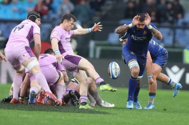 Roma, İtalya - 7 Şubat 2026: (C) İskoçyalı George Horne, İtalya ve İskoçya arasında Olimpiyat Stadyumu 'nda oynanan Guinness Altı Milletler 2026 Round 1 karşılaşmasında görüldü..