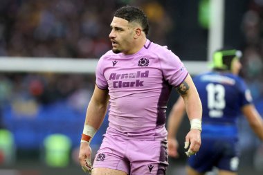 Roma, İtalya - 7 Şubat 2026: İskoçyalı Sione Tuipulotu (C) Guinness Altı Milletler 2026 Round 1 karşılaşması sırasında İtalya ile İskoçya Olimpiyat Stadyumu 'nda oynanan karşılaşma.