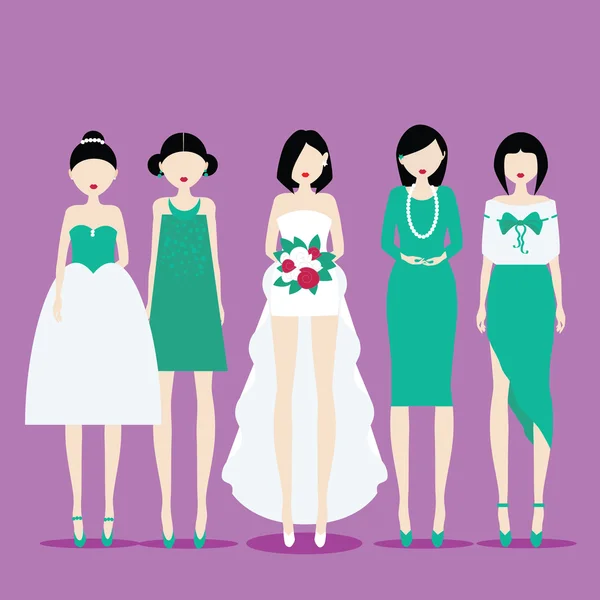 Novia con damas de honor — Vector de stock