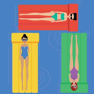 Girls relaxing on the swimming mattresses clipart