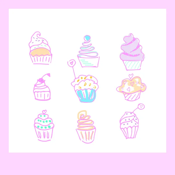 Cupcakes doodle pictogrammen — Stockvector