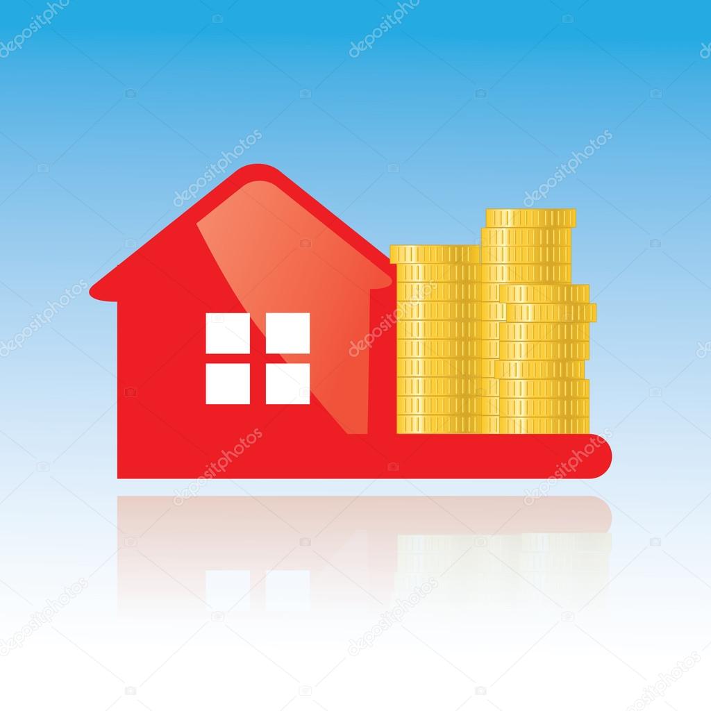 Red glance house and golden coins vector icon. Investing, banking, financial credit, real estate concept illustration