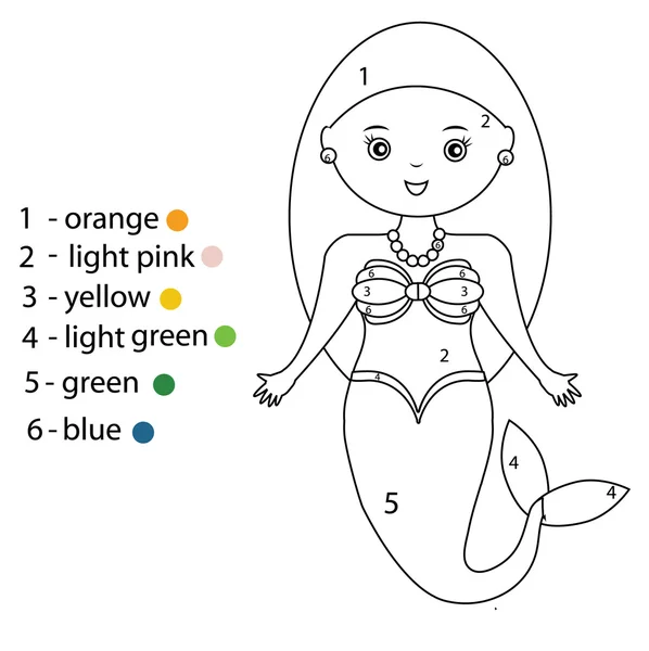 Disegno da colorare con sirena. Colore da numeri bambini gioco educativo — Vettoriale Stock