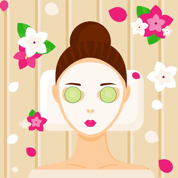 Junge Frau mit Gesichtsmaske entspannt im Wellnessbereich — Stockvektor