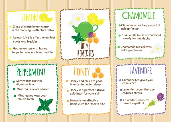 Home rimedi infografici. Guaritori naturali, cure naturali fatte da se stessi. Ricette di auto-aiuto con frutta ed erbe — Vettoriale Stock