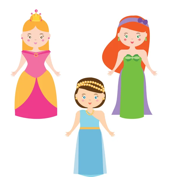 Tres princesas vectoriales en estilo de dibujos animados. Reina caracteres vector conjunto — Vector de stock