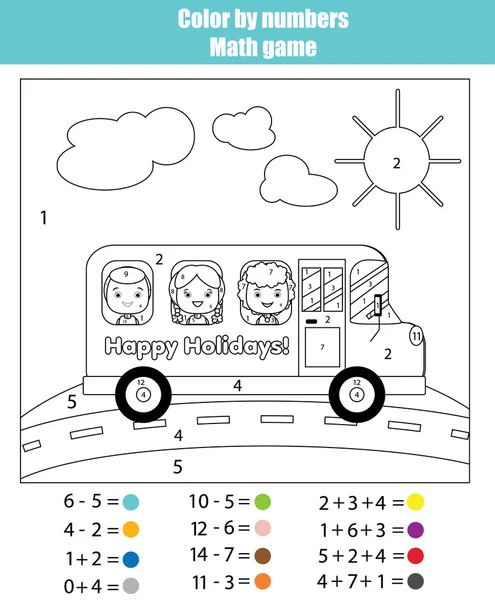 Çocuklarda okul otobüsü ile boyama sayfası. Renk numaralarını matematik oyunu tarafından