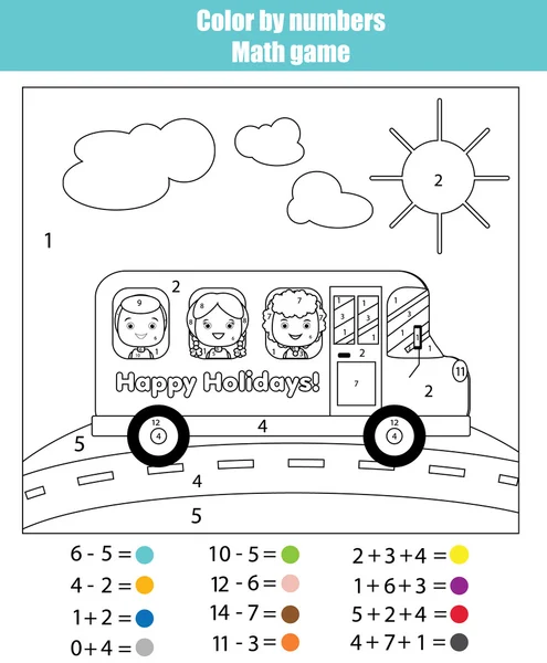 Розмальовка з дітьми у шкільному автобусі. Колір за числами математичної гри — стоковий вектор