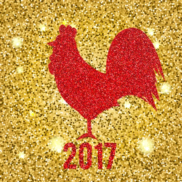 Glittering Red Rooster em dourado brilhante fundo ano novo vetor ilustração — Vetor de Stock