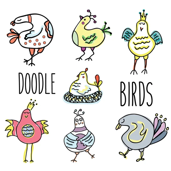 Doodle madarak vektor készlet. Kézzel rajzolt, vázlat stílus, design elemek elszigetelt — Stock Vector