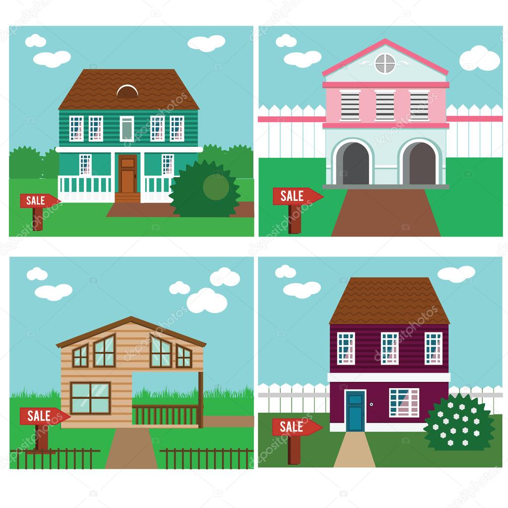 Real estate on sale. House, townhouse, sweet home vector illustration. Collection of vector cottages with sale sign
