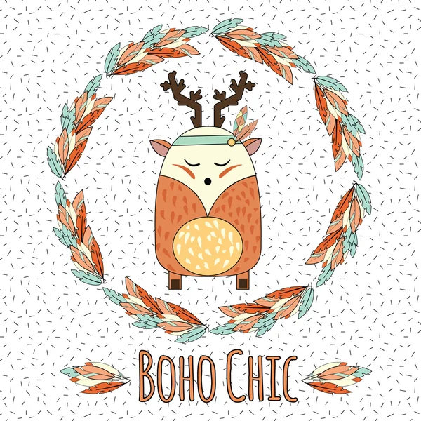 Boho deer in feather wreath in hand drawn style and — Stock Vector