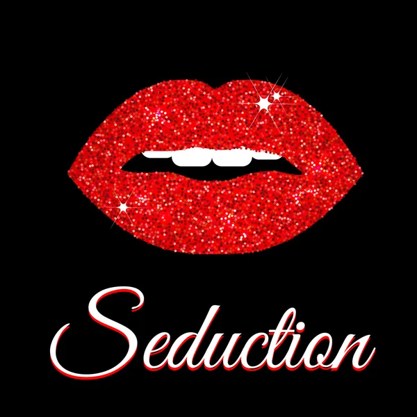 Illustration vectorielle de lèvres sexy scintillantes rouges et texte de séduction — Image vectorielle