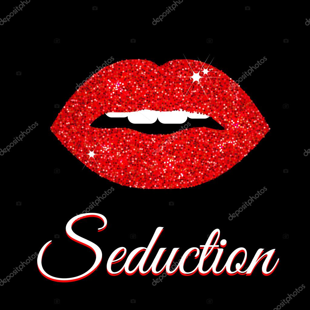 Vector illustration of red glittering sexy lips and seduction text. Banner, logo, sex shop, party, erotic, night club advertisement
