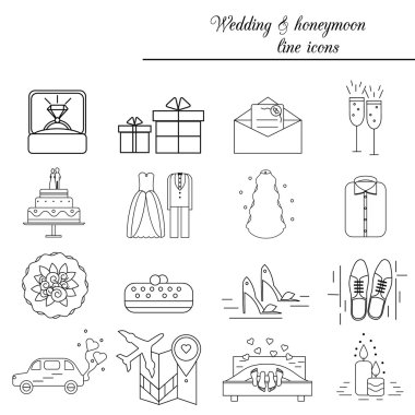 Düğün, evlilik, nişan, balayı vektör hat Icons set