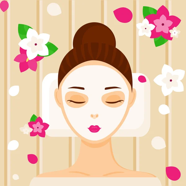 Ung kvinna med ansiktsmask koppla av i spa skönhetssalong — Stock vektor