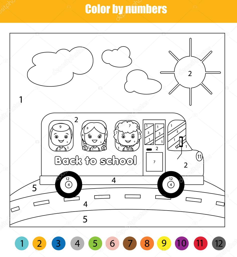 Coloring page with kids in school bus Color by numbers children educational game back