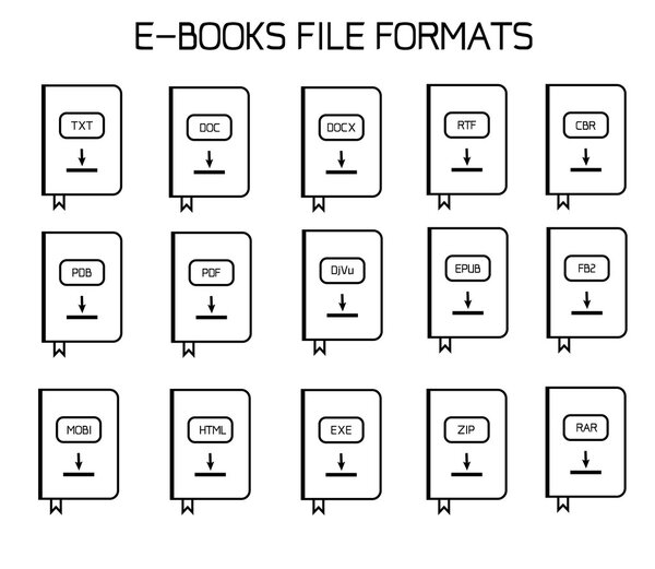 Форматы файлов электронных книг или текстовых файлов со знаком загрузки. Векторные значки
