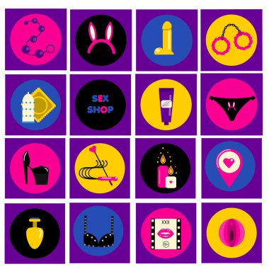 Erotik, sex shop sembolleri. Yetişkin oyunlar ve oyuncaklar Icons set vektör