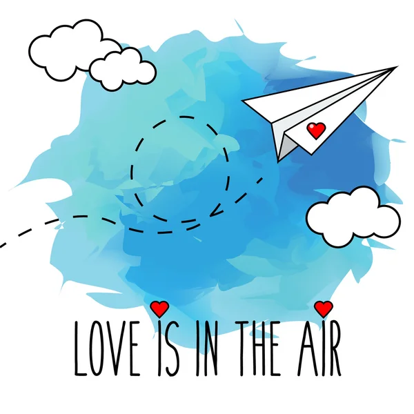 Vuelo dibujado a mano plano de papel ilustración vectorial, romántico, tarjeta de San Valentín. El amor está en el aire — Archivo Imágenes Vectoriales