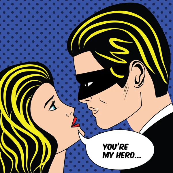 Homme en noir masque de super-héros et femme couple d'amour dans le style pop art comique vintage — Image vectorielle