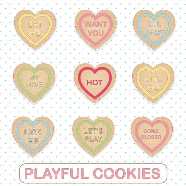 Καρδιά σχήμα cookies με παιχνιδιάρικο flirty ρομαντικά κείμενο — Διανυσματικό Αρχείο