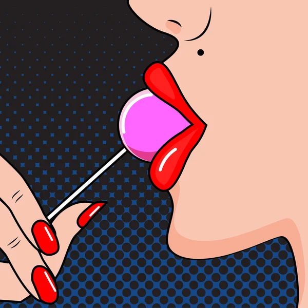 Sexy mujer labios rojos lamiendo piruleta. Ilustración vectorial en estilo de arte pop cómico — Vector de stock