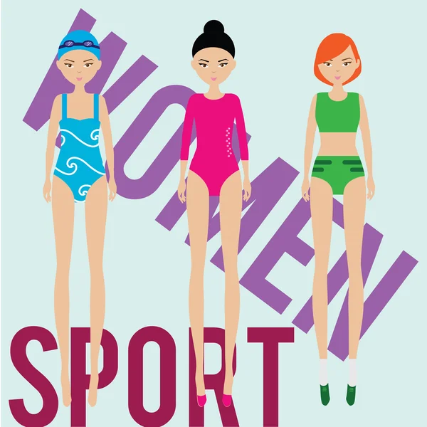 Equipo deportivo femenino. Nadador, corredor, gimnasta — Vector de stock