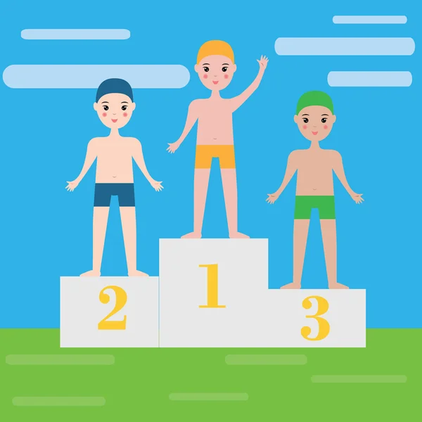 Equipo de natación infantil en pedestal. Niños, deporte de niños — Vector de stock