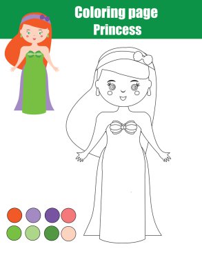 Prenses boyama sayfası. Çocuk eğitim oyunu, aktivite çizim
