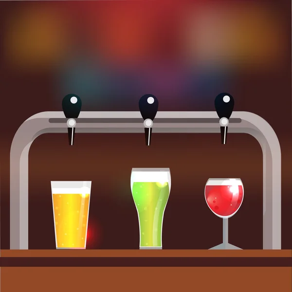 Barový pult s jeřábem a tři sklenice piva nebo moštu — Stockový vektor