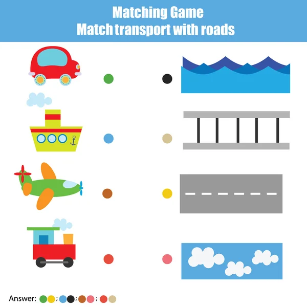 Matching children educational game, kids activity. Match transport with roads — Stock Vector