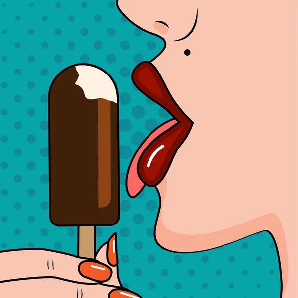 Sexy woman red lips licking ice cream popsicle. Vector illustration in comic pop art style — Stock Vector
