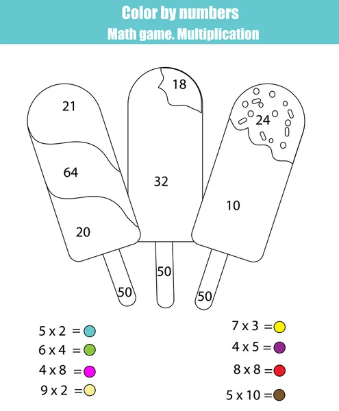 Kleurplaat met ice cream popsicle. Kleur bij getallen math spel, vermenigvuldigen — Stockvector