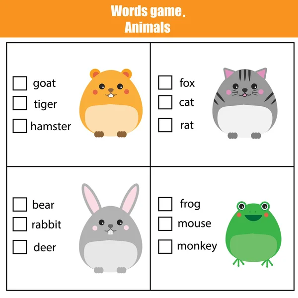 Mots test jeu éducatif pour les enfants. Thème Animaux — Image vectorielle